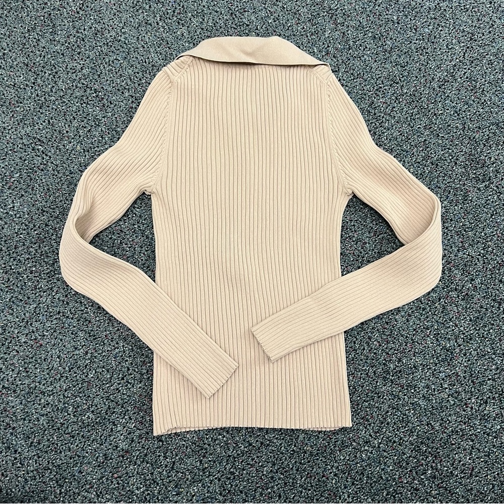ZARA Beige Ribbed Collared Long-Sleeve Modest Shirt Top Sweater Silver Snaps M - Picture 5 of 12